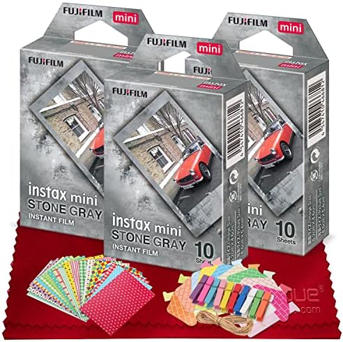 Fujifilm Instax Mini Stone Grey Film projetado para todas as mini câmeras Instax e impressoras de smartphone, o filme é ISO 800 e faz parte de um pacote básico com filme de papel, adesivos padronizados e mais