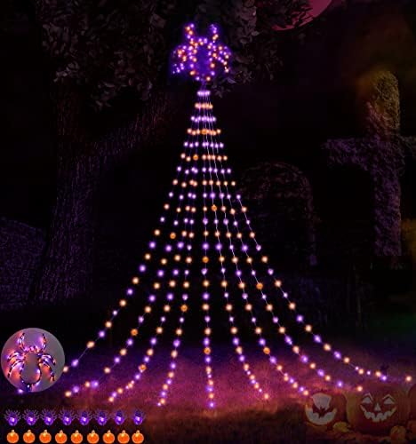 272 Luzes de Halloween de laranja roxa 272 Luzes de corda de abóbora de abóbora de abóbora com aranha de 11,3 pés com aranha de topper, 8 modos de iluminação à prova d'água Luzes de suspensão conectadas para o halloween árvore do jardim