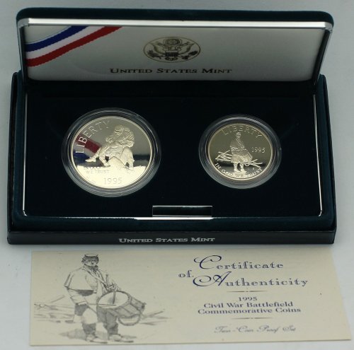 1995 Guerra Civil Battlefield 2 -Coin Comemorative Proof Set - Silver Dollar e Meia Clad