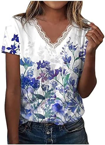 Mulheres 2023 Tshirts Floral Graphic, Blusa de renda feminina Tees de manga curta v pesco