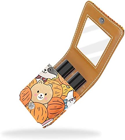 Caixa de batom de maquiagem portátil para viajar, desenho animado Animais fofos Autumn Pumpkins Mini Lipstick Storage Caixa com espelho para mulheres mulheres, bolsa cosmética de couro