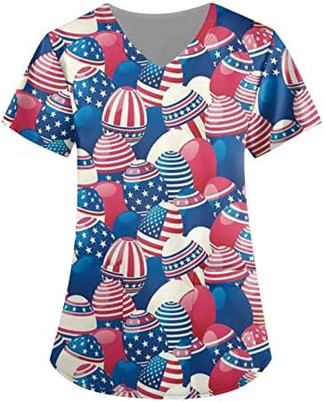 Blusa uniforme Camisa de camisa Independência Imprimir camisetas de decote em V de manga curta Funcionos que funcionam, mulheres soltas