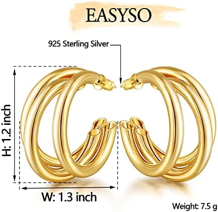 Easyo Gold Brincos para mulheres, aros triplos grossos grandes espessos de três argolas abertas de moda hipoalergênica de
