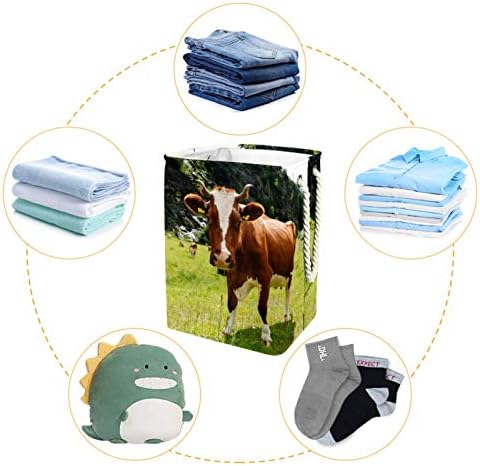 Deyya Cestas de lavanderia à prova d'água Alta Vacas dobráveis ​​altas cesto de estampa de fazenda verde de prados verdes para