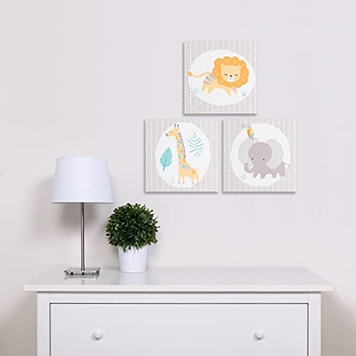 Sammy & Lou Jungle Pals Arte da parede da tela 3 Pacote, girafa, elefante impresso em fundo branco e cinza Fundamentos de espinha