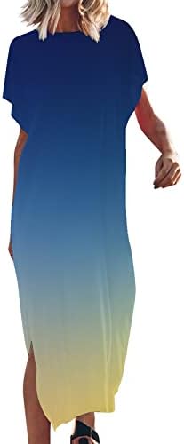 Vestido de manga curta solta casual feminino dividido Maxi Summer Beach Dress Gradiente impresso o Gcond Beach Flowy Sundress