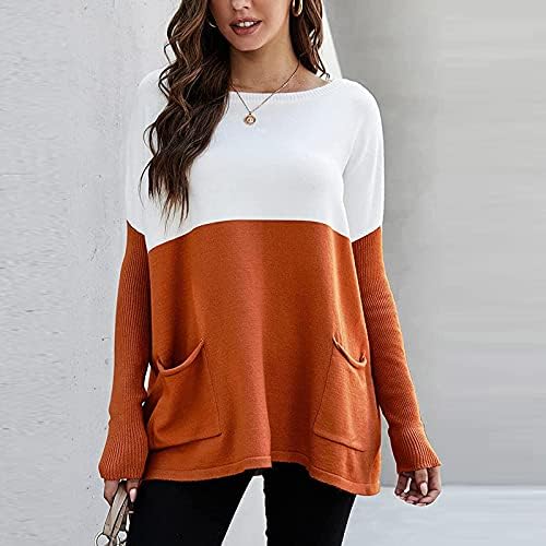 Camisolas femininas Casual Manga longa Crewneck Block Color Block Sweater Sweater Trendy Logo Jumper Tops com bolso