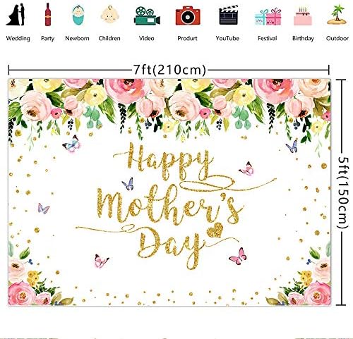 Ticuenicoa 7 × 5ft rosa floral feliz dia das mães Flores rosa Flores de borboleta Dotas de ouro Decorações de banneras felizes Flores do dia das mães deixam fundo fotográfico