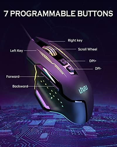Uhuru Wired Gaming Mouse, WM-07L RGB Mouse com fio com 7 botões programáveis ​​14 modos de luz de fundo até 12800