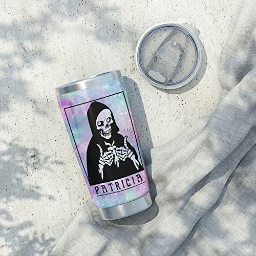 VHGECO Fique copo de esqueleto positivo com nome personalizado, copo de gótico pastel de Halloween engraçado, copo isolado de Halloween do crânio de motivação, copo de aço inoxidável com tampa - 20oz