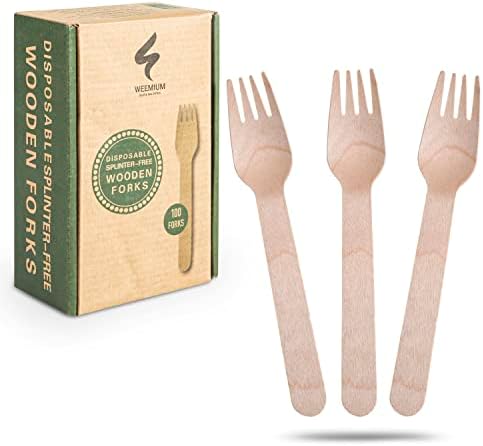 Weemium Wooden Forks descartáveis ​​- 100 garfos compostáveis ​​de 6,5 sem lascas - utensílios de garfos descartáveis
