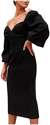 Vestido formal para mulheres elegantes Retro Buff Sleeve V Dress Cocktail Dress Solid Bodycon Party Lápis Vestido de noite