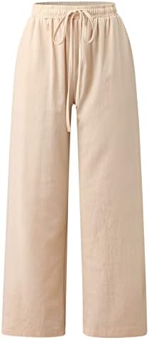 Calça de linho de algodão mepymia feminina moda a cor sólida de cor solida e elástica solta asperas elásticas solteiras