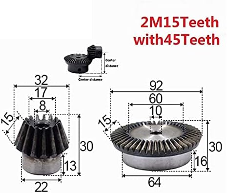 PIU-S 2pcs 1: 3 Moduul de engrenagem chanfrada 2 Modulus 15 dentes Hole de 8mm 45t Diâmetro interno 10mm 90 graus comutação de