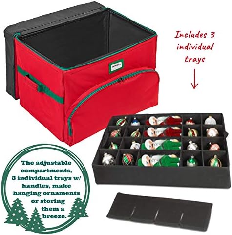 Caixa de armazenamento de ornamentos de Natal Deluxe - mantém até 72 ornamentos de 4 ”x 4” + compartimentos ajustáveis