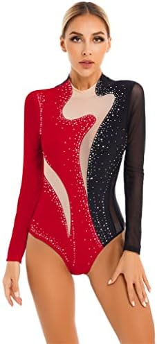 Vernlan Womens Sparkling Rhinestone Sheer Mesh Ballet Dance Leotard Bodysuit de luva longa Ginástica