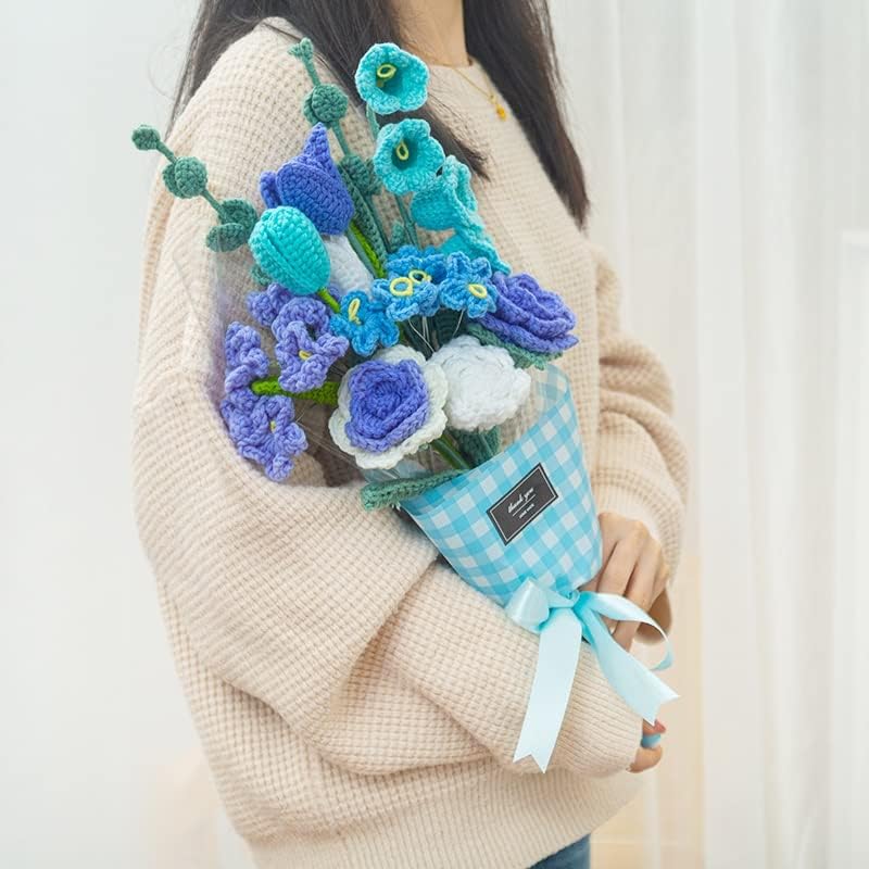 Renslat Bouquet de crochê azul de malha de malha para decoração de casamentos Decoração de casa Amantes Presente