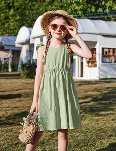 Arshiner Girls Linen Ruffle Ruffle Backless Dress Flutter Sleeve A-Line Shirred Sundress por 4-12 anos