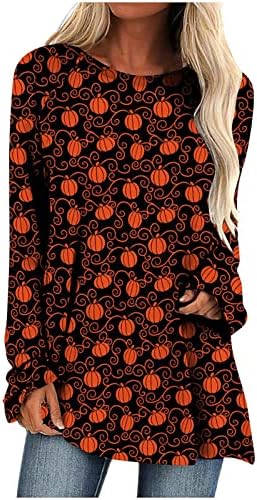 Tops de manga longa de manga longa Narhbrg Halloween plus size sobre a blusa longa de pescoço O-gola O gráfico assustador impresso de camiseta casual túnica solta