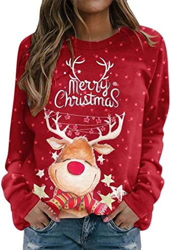 Camisolas vermelhas de Natal para mulheres fofas de rena de impressão de renandes de manga longa de manga longa plus size molhas de