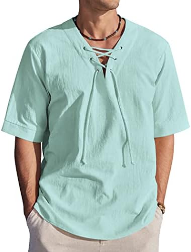 Coofandy Men Camisetas de linho de algodão Camisetas de manga curta Camisas de praia V Caminho do pescoço Hippie Yoga Boho Renaissance Tunic