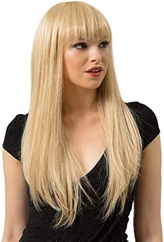 Peruca de substituição de cabelo xzgden, 24 polegadas de moda meninas cabelos humanos longos perucas retas feminina cosplay diariamente com franja, peruca pastel ondulada