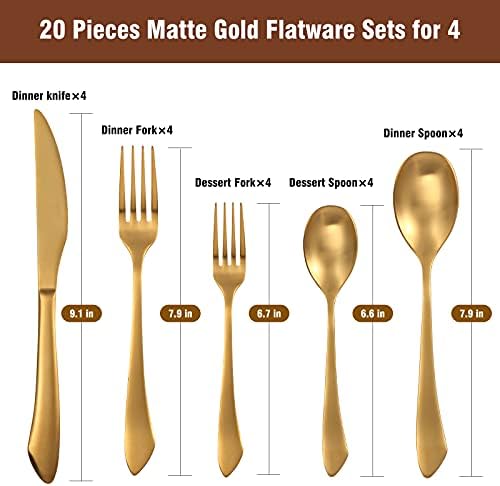 Conjunto de talheres de ouro fosco - Viishow de 20 peças de bronzeado de aço inoxidável para 4, utensílios graciosos de tabela
