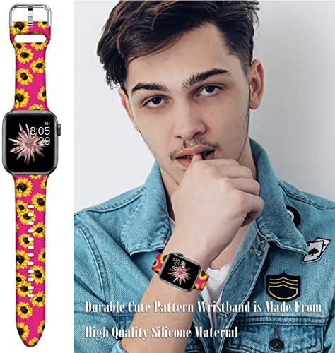 Bandas de girassol rosa compatíveis com Apple Watch 41mm 40mm 38mm para meninas homens homens, Ftfcase Flor Impresso Soft Silicone