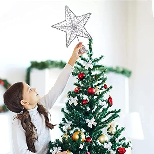 Topper de árvore de estrelas de Natal do NUOBEST, Topper de árvore iluminada prateada 9,8 “Star Metal Metal Hollow Tree Tree 18 LED Star Treetop de miçangas para decorações de casas de árvore de Natal
