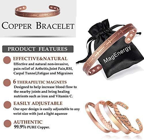 Pulseira de cobre de magenergia para homens e mulheres para alívio da artrite pulseira pura de cobre feita com cobre sólido, alívio