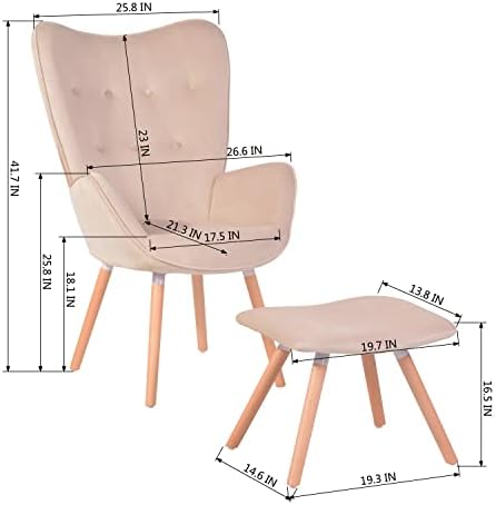 Mobiliário de meados do século cadeira de sotaque moderno cadeira otomana conjunto, butter tufado button poltrona estofamento de tecido de veludo com cadeira de lazer de pernas de madeira maciça para sala de estar ， rosa