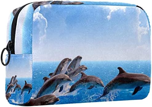 Saco de maquiagem pequena, organizador cosmético da bolsa com zíper para mulheres e meninas, pulando golfinhos cenário do céu