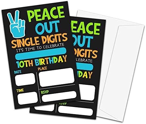 TIOFUNO 10º aniversário de festa de aniversário, Paz de dígitos, 20 cartões de convite de preenchimento com envelopes-b08