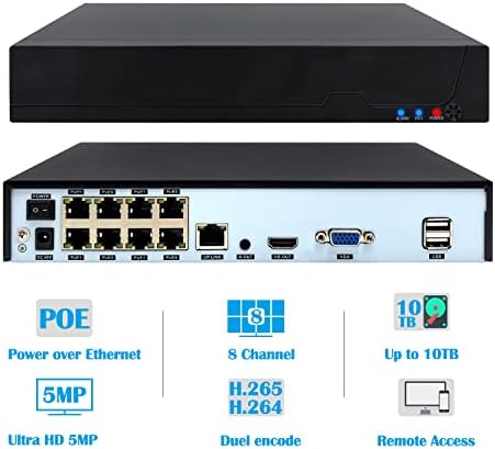 Revodata 8CH POE NVR, HD 5MP Poe Network Video Recorder, 8 canal de canal sobre Ethernet, suporta câmeras IP IP de até