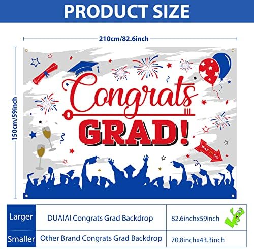 Decorações de graduação 2023, 82,6 x59 Grandes parabéns parabéns bandeira de graduação, suprimentos para festas de graduação favoritos para a cabine fotográfica externa de propriedades- azul e vermelho