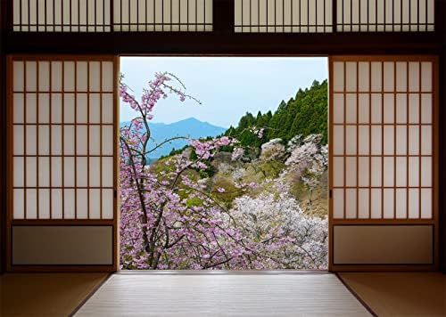 BELECO 10x8ft Fabric estilo Lobby de estilo japonês Caso -pano de fundo de cenário de primavera Blossoms de cerejeira árvores da montanha cenário Japão residência tradicional de fundo papel de parede decoração de casa chamadas de fotos