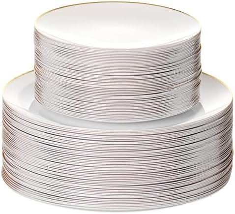 Combination placas brancas de plástico descartável | 50 7,5 pol. Apertizador da borda de ouro/placas de plástico de sobremesa e 50