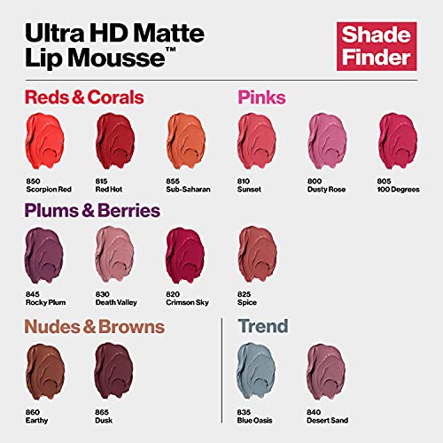 Revlon Ultra HD Lip Mousse Hyper Matte, batom líquido cremoso de longa data em nude / marrom, areia deserta, 0,2 oz