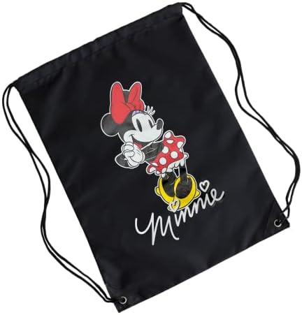 Jerry Leigh Classic Minnie Mouse Saco de cordas com cordões, alças duplas, sacos de lembrança da Disney para mulheres ou meninas, material durável resistente ao tempo, 15,5 polegadas, preto