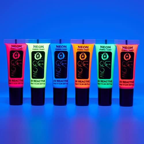 GLOW UV - tinta de tecido UV de neon - 0,34oz - conjunto de 6 - tinta têxtil para roupas, camisetas, bolsas, sapatos e lona
