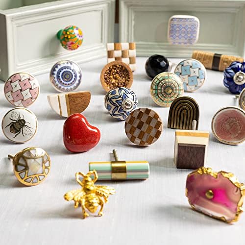 Pacote de prateleira indiana de 6 botões | Armários de cerâmica alças e botões | Cream Girl Gaveer Pulls | Gabinete pontilhado puxados | Hardware do armário de cozinha