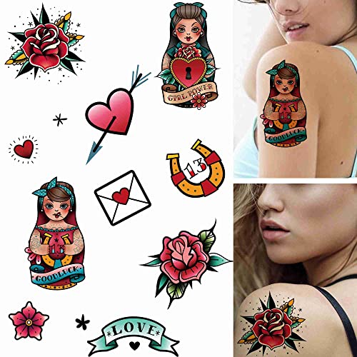Dopetattoo 6 lençóis Tattoo temporário da velha escola Russian Girl Tattoos Fake for Women Adults