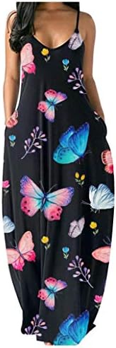 Vestido de verão da cintura para mulheres sexy Butterfly Print Evening Festy Dress Loose O-Gobes Vestido Maxi com bolsos
