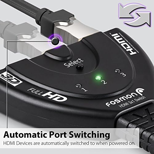 Fosmon 3-porta HDMI Switcher, Intelligent 3x1 Auto Switch Seletor Support Full HD 3D 1080p HDCP, Splitter HDMI de 3 em 1 OUT HDMI com cabo HDMI banhado a Gold 24K para HDTV DVD PS3 PS4 Xbox One Bluray Apple TV Apple TV Apple TV