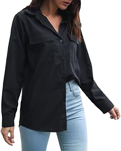 Blouses de bolso feminino tops casuais manga comprida Botão de ajuste solto camisa de elefante