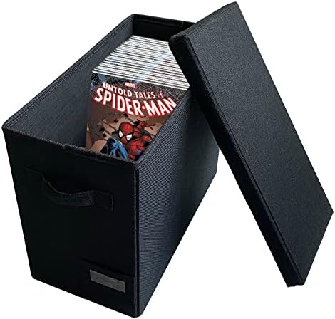 Caixa de armazenamento em quadrinhos, caixa cômica dobrável de estopa, tampa de elevação, contém 180-200 quadrinhos, se encaixa em quadrinhos ensacados, quadrinhos embarcados e toploader, 17,1 × 12,4 × 8 polegadas, caixa de quadrinhos preta Bin Bin