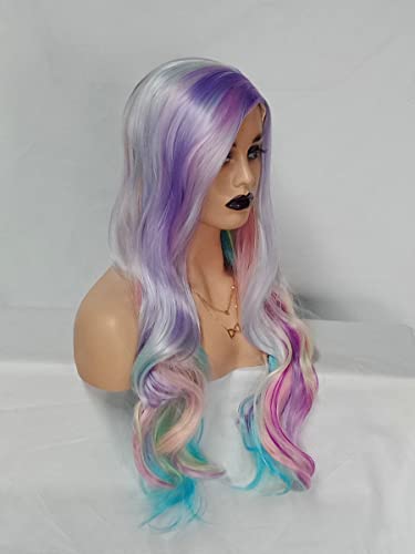 Perucas genéricas de 26 polegadas de arco -íris perucas coloridas de várias cores resistentes ao calor sintético Party Halloween Party Natural Logo Wigs Longos para Mulheres, cor do arco -íris
