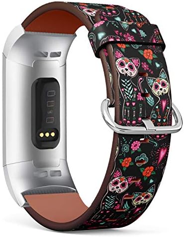 Pulseira de tira de couro de substituição Pultrilhas compatíveis com carga Fitbit 3 / Carga 3 SE - Sugar Skull Cat Pattern Compatível