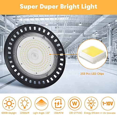 Sungdogin 150W LEDS LUZES DE BAIL HIGH, 0-10V Dimmable, 22500lm 6000K OVNIDO LED LED High Bay Light Comercial Gym Warehouse