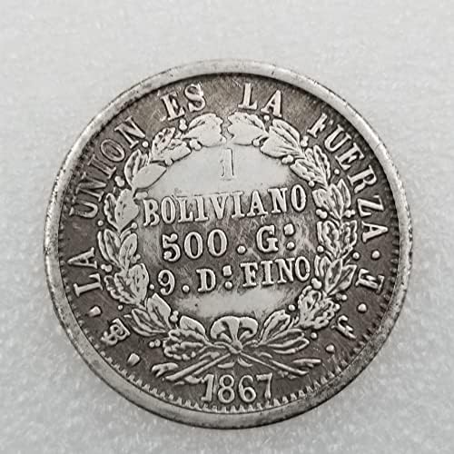Qingfeng Antique Artesanato 1867 Boliviano Brass Silver Patbated Dollar de prata envelhecido 098